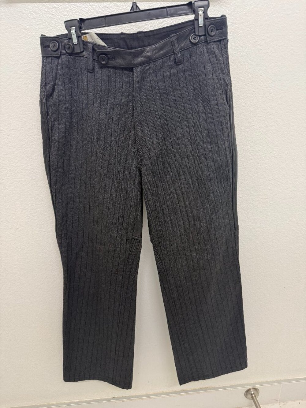 GARNI 2003-04 Pinstripe Leather Panel Trousers Size M Black